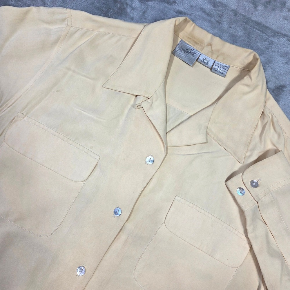 Jacqueline Ferrar Women L Shirt 100% Silk‎ Button Up Camp Collar Retro Chic Twee - Picture 2 of 9